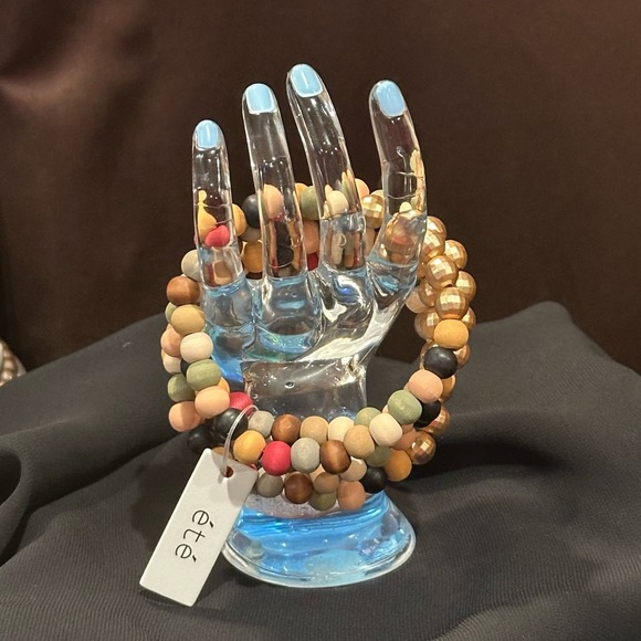 Five Strand Wood Beaded Stretch Bracelet In Fall Colors, NWT - Picture 4 of 11